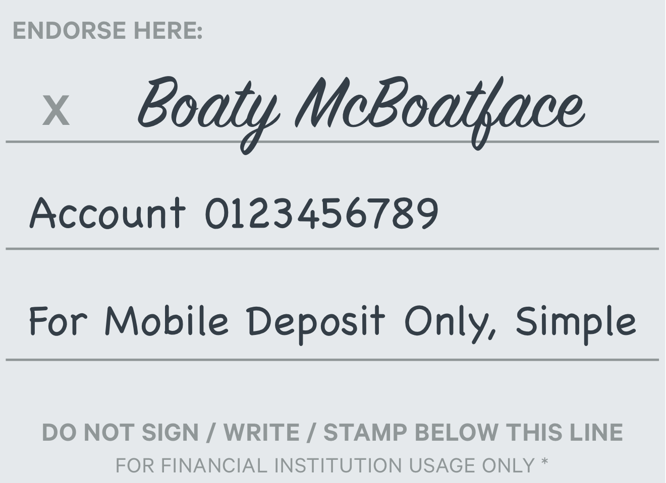 Back of check: signature, account number, and "For mobile deposit only, Simple"